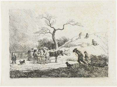 Winterlandschaft mit Schlitten fahrenden Kindern und verschiedenen Schlitten von Johann Christian Klengel