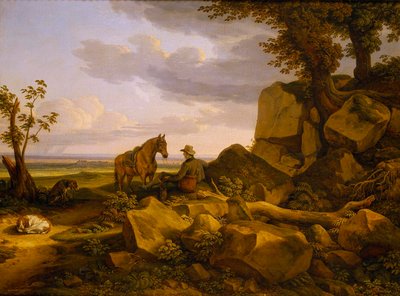 Italienische Landschaft mit einem ruhenden Jäger, Selbstporträt von Johann Christian Reinhart