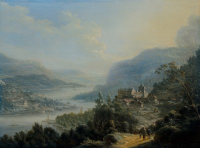 Weitläufige rheinische Landschaft mit Reisenden auf einer Straße bei einer Burg von Johann Christian Vollerdt or Vollaert