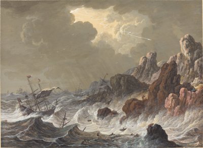 Sturmgepeitschte Schiffe an einer felsigen Küste von Johann Christoph Dietzsch