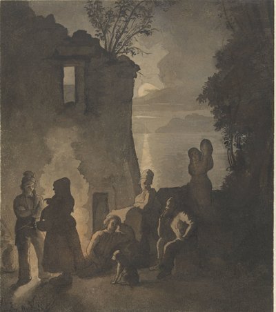 Rastende Savoyarden an einem Feuer am Ufer eines Sees bei Abend von Johann Conrad Seekatz