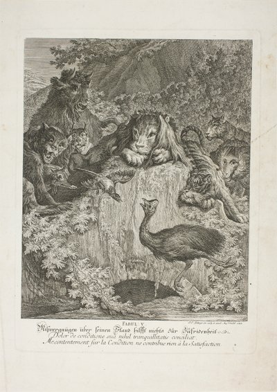 Fabel V, Tafel fünf aus Lehrreiche Fabeln aus dem Reiche der Tiere von Johann Elias Ridinger