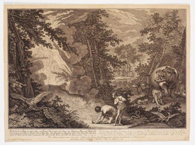 Gott entdeckt, dass Adam und Eva vom Baum gegessen haben von Johann Elias Ridinger