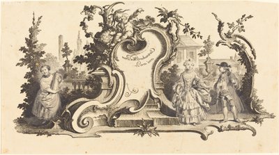 Moderne Kartuschen verziert mit verschiedenen Figuren (Platte VI-1 aus dem Set) von Johann Esaias Nilson