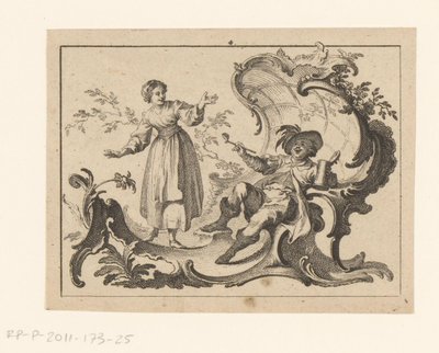 Pijprokende en drinkende man gezeten op een rococo-ornament von Johann Esaias Nilson