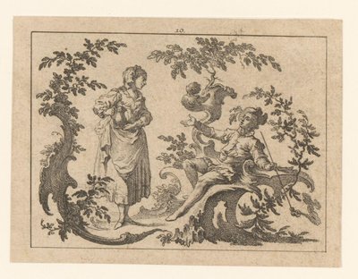Pijprokende zittende man, naast hem een staande vrouw met kruik op een rococo-ornament von Johann Esaias Nilson