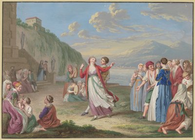 Italienische Landleute unterhalten sich am Seeufer mit Spiel und Tanz, im Hintergrund hohe Berge von Johann Friedrich August Tischbein