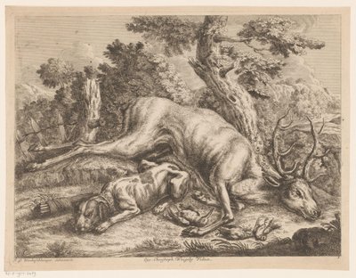 Jagdhund und Jagdbeute mit Hirsch und Vögeln von Johann Georg Wachsschlunger