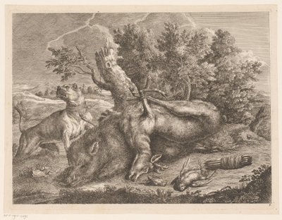 Jagdhund und Jagdbeute mit Wildschwein, Hirsch und Vögeln von Johann Georg Wachsschlunger