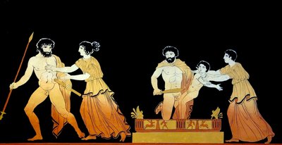 Klassische Szene, die Soldaten zeigt, die das Leben von Astyanax bedrohen, während seine Mutter Andromache versucht, ihn zu schützen. von Johann Heinrich Wilhelm Tischbein
