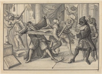 Mezzetin und Harlekin benutzen den Bilderrahmen, um Pantaloon und Pierrot zu fangen von Johann Jacob Schubler