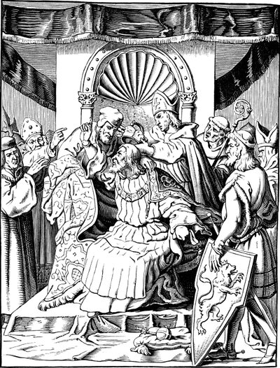 Die Abdankung von Kaiser Heinrich IV. in Ingelheim, Illustration aus der Geschichte des deutschen Volkes von E. Duller, 1840 von Johann Jakob Kirchhoff