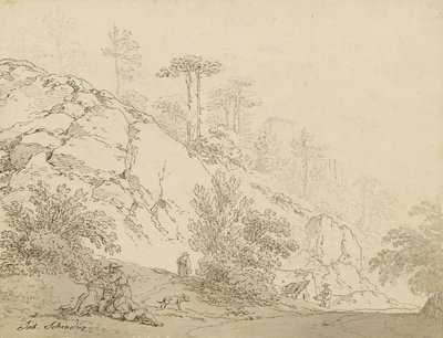 Bauern rastend in felsigem Gelände, Hintergrund Burg von Johann Josef Schindler