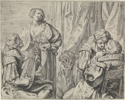 Junge Liebespaare und ein Narr in einem Interieur von Johann Liss