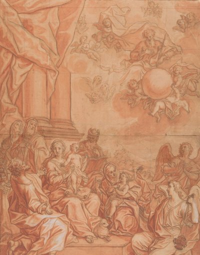 Die Jungfrau und das Kind mit Heiligen und Engeln und Gottvater im Himmel, Mitte des 18. Jahrhunderts von Johann Lorenz Haid