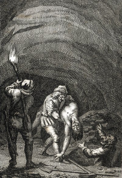 Tod von Wilhelm II. von Holland, getötet von den Friesen, die ihn heimlich unter dem Boden eines Hauses begruben, Gravur von Johann Michael Mettenleiter (1765-1853), 1800, Privatsammlung von Johann Michael Mettenleiter