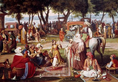 Süßwasser Asiens in Konstantinopel - Süßes Leben: Gruppe von Männern und Frauen beim Rauchen und Tanzen (Detail) von Johann Michael Wittmer