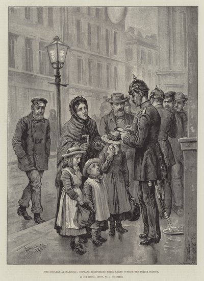 Die Cholera in Hamburg, Waisen registrieren ihre Namen vor der Polizeistation von Johann Nepomuk Schonberg