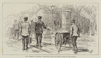 Die Cholera in Hamburg, Desinfektion der Straße, auf der Straßenbahnen fahren von Johann Nepomuk Schonberg