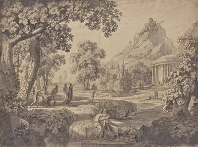 Klassische Landschaft mit einem Tempel, auf einem Berg ein Riese von Johann Nepomuk Schödlberger