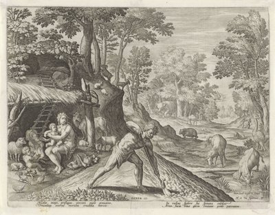 Adam und Eva bei der Arbeit außerhalb des Paradieses (Serie: Geschichte der Familie von Kain / Über gute und schlechte Arbeiten, Boni et mali scientia) von Johann Sadeler (I)