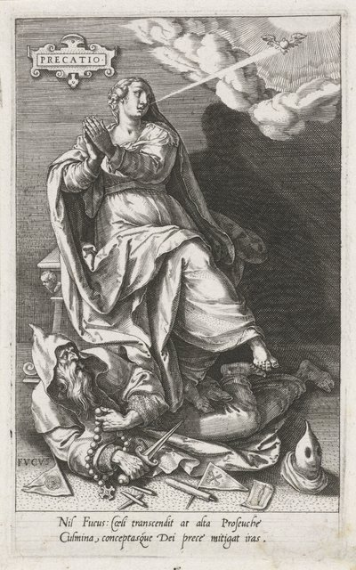 Gebet (Precatio) überwindet Heuchelei (Fucus) (Serie: Die Tugenden überwinden die Laster) von Johann Sadeler (I)