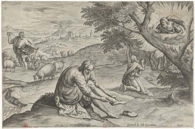 Gott erscheint Moses im brennenden Dornbusch. Geschichte von Moses vor dem Exodus von Johann Sadeler (I)