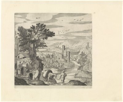 Landschaft mit einem Bauern und seinem Esel von Johann Sadeler (I)