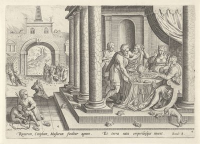 Plage der Frösche und der Mücken (Geschichte von Moses vor dem Exodus) (Historia plagarum in Aegijpto) von Johann Sadeler (I)
