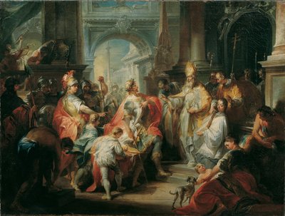 Der heilige Ambrosius verwehrt Kaiser Theodosius den Eintritt in den Mailänder Dom von Johann Wolfgang Baumgartner