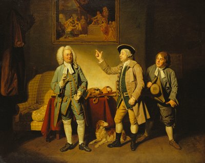 Eine Szene aus "Love in a Village" von Isaac Bickerstaffe, Akt 1, Szene 2, mit Edward Shuter als Justice Woodcock, John Beard als Hawthorn und John Dunstall als Hodge von Johan Joseph Zoffany