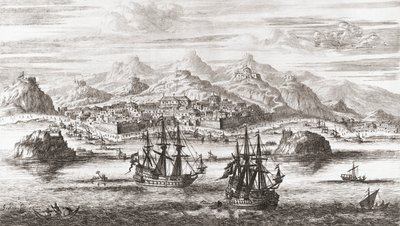 Niederländische Schiffe vor Maskat, Oman im 17. Jahrhundert (Druck) von Johannes (after) Kip
