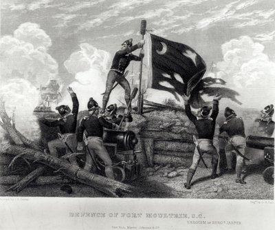 Der Heldentum von Sergeant William Jasper bei der Verteidigung von Fort Moultrie, South Carolina, 12. Mai 1780, graviert von G.R. Hall von Johannes Adam Simon Oertel