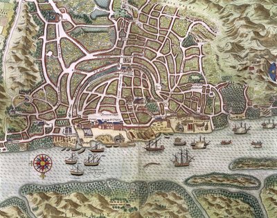 Karte der Stadt und des portugiesischen Hafens von Goa, Indien (Detail) von Johannes Baptista van Doetechum the Younger