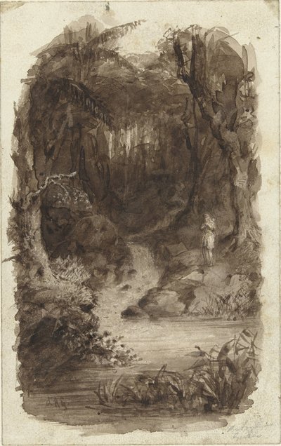 Mann im tropischen Wald, stehend am Wasser von Johannes Christiaan d