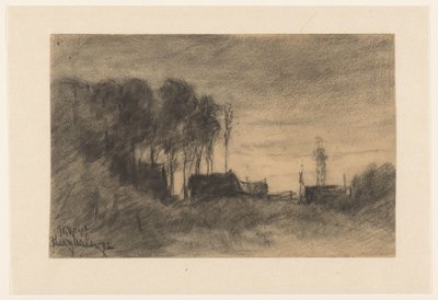 Gruppe von Häusern und Bäumen bei Hooghalen, Abendstimmung von Johannes Gijsbert Vogel