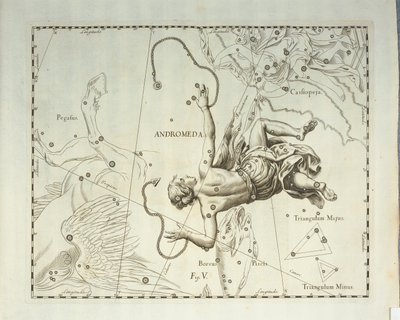 Boreale Konstellation von Andromeda, Gravur aus dem Himmelsatlas Firmamentum Sobiescianum sive Uronographia, von Johann Hevelius, Danzig von Johannes Hevelius