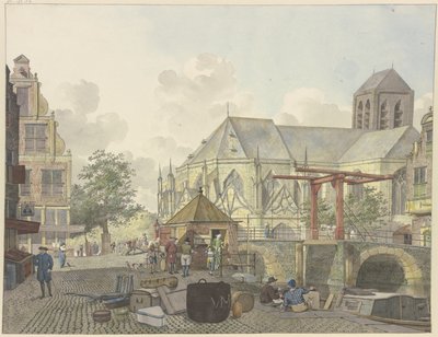 Schleusentor bei einer Kirche, dabei ein Zollhaus von Johannes Huibert Prins