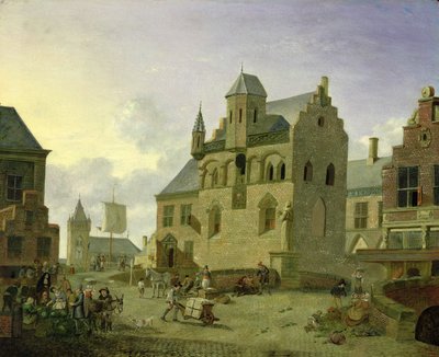 Marktplatz mit Figuren und Bauern, die auf einem Marktplatz handeln von Johannes Huibert Prins