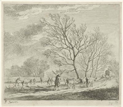 Winterlandschaft mit Kühen und Schlittschuhläufern von Johannes Janson