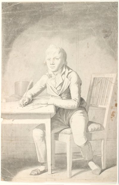 Junger schreibender Junge, der an einem Tisch sitzt von Johannes Senn