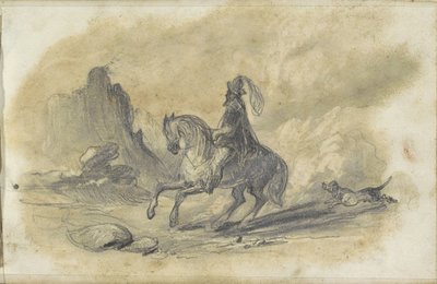 Reiter mit einem Hund auf einem felsigen Pfad von Johannes Tavenraat
