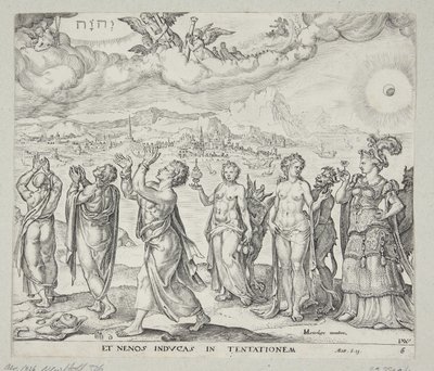 Mann widersteht der Versuchung von Geld, Lust und Ehre von Johannes Wierix
