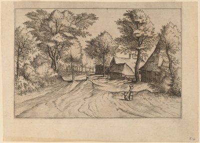 Dorfstraße mit Bauernhof und Schuppen von Johannes and Lucas van Doetechum after Master of the Small Landscapes