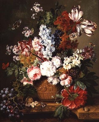Obst und Blumen auf einem Marmorsims von Johannes or Jacobus Linthorst