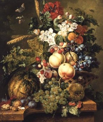 Obst und Blumen auf einer Marmorkante von Johannes or Jacobus Linthorst