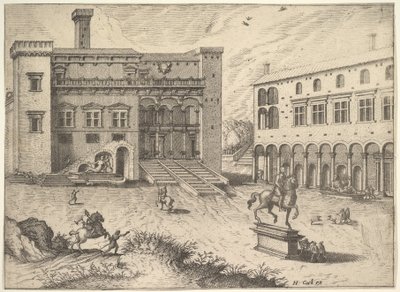 Ansicht des Campidoglio auf dem Kapitolinischen Hügel, mit Reiterstatue unten rechts, 1562 von Johannes van Doetecum I