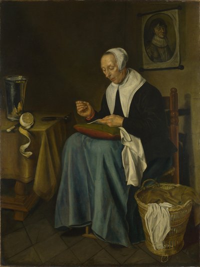 Eine alte Frau beim Nähen, 1655 von Johannes van der Aeck