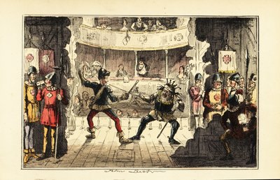 Schauspieler spielen Heinrich Tudor, der gegen König Richard III. von England auf einer Theaterbühne kämpft von John (after) Leech