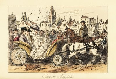 Englische Dame im Reifrockkleid mit Sonnenschirm fährt in einem von Ponys gezogenen Korbwagen durch die belebten Straßen einer kleinen Stadt von John (after) Leech